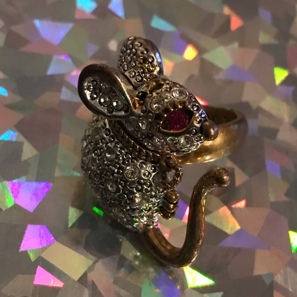 princess mouse tea party ring Betsey Johnson vintage jewelry crystal rhinestone - Picture 3 of 4